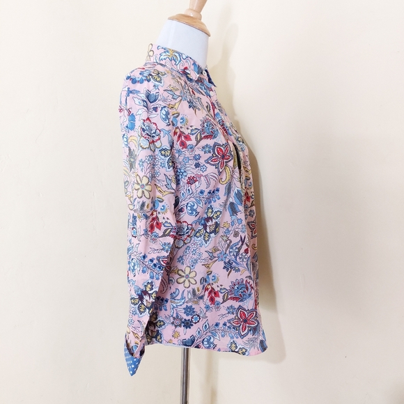 Tabots Petite Pink Colorful Paisley Floral Print Button Down Polka Dot Shirt - Picture 5 of 15